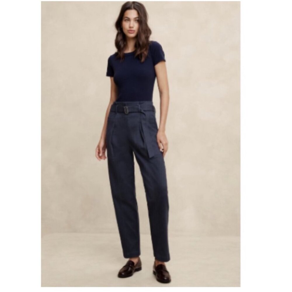 New Banana Republic Factory Women Twill Belted Taper Pant Size 10 Navy High-Rise
